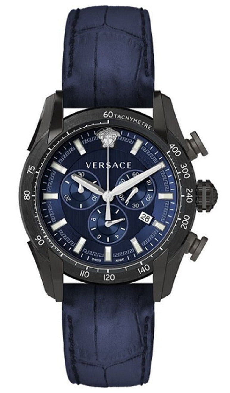 Versace V-Ray Chronograph Quartz Blue Dial Black Leather Strap Watch For Men - VEDB00418