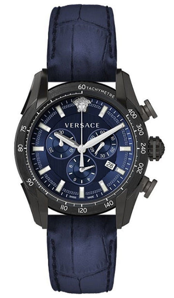 Versace V-Ray Chronograph Quartz Blue Dial Black Leather Strap Watch For Men - VEDB00418