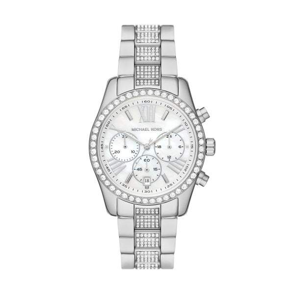 Michael Kors Lexington Chronograph White Dial Silver Steel Strap Watch For Women - MK7243