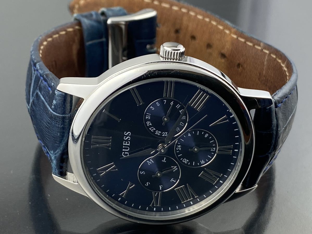 Guess Wafer Chronograph Quartz Blue Dial Blue Leather Strap Watch For Men - W0496G3