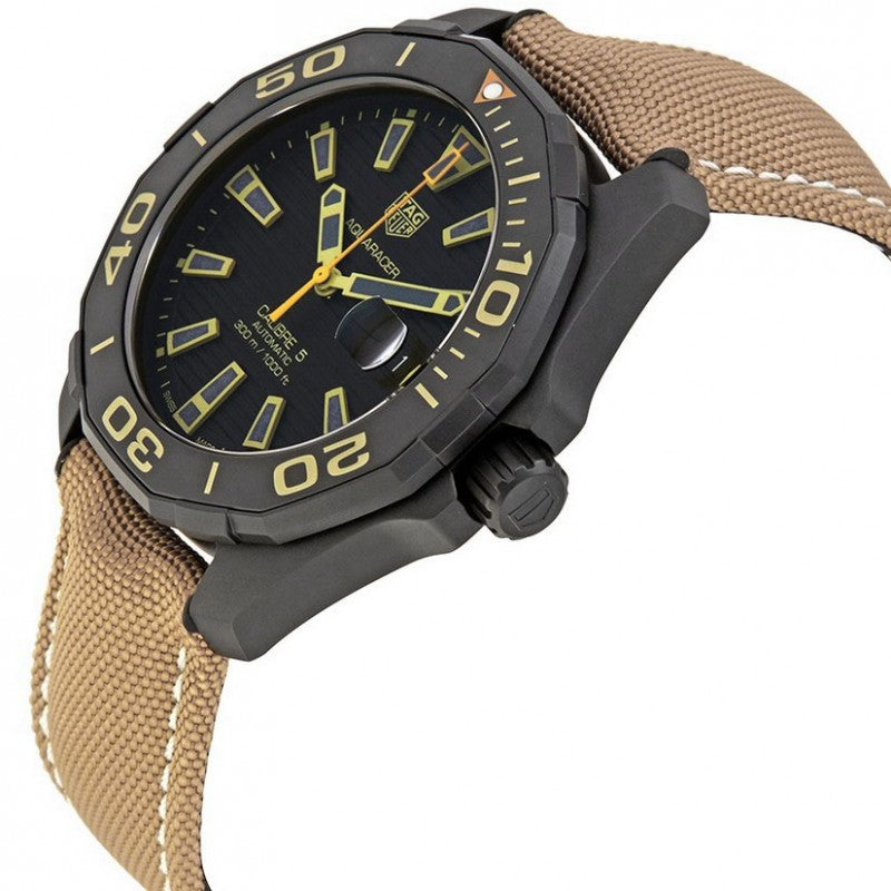 Tag Heuer Aquaracer 300 Calibre 5 Automatic Black Dial Brown Fabric Strap Watch for Men - WAY208C.FC6383
