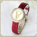 Versace Virtus Mini Quartz Gold Dial Red Leather Strap Watch For Women - VET300521