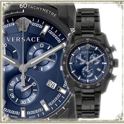 Versace V-Ray Chronograph Quartz Blue Dial Black Steel Strap Watch For Men - VE2I00521