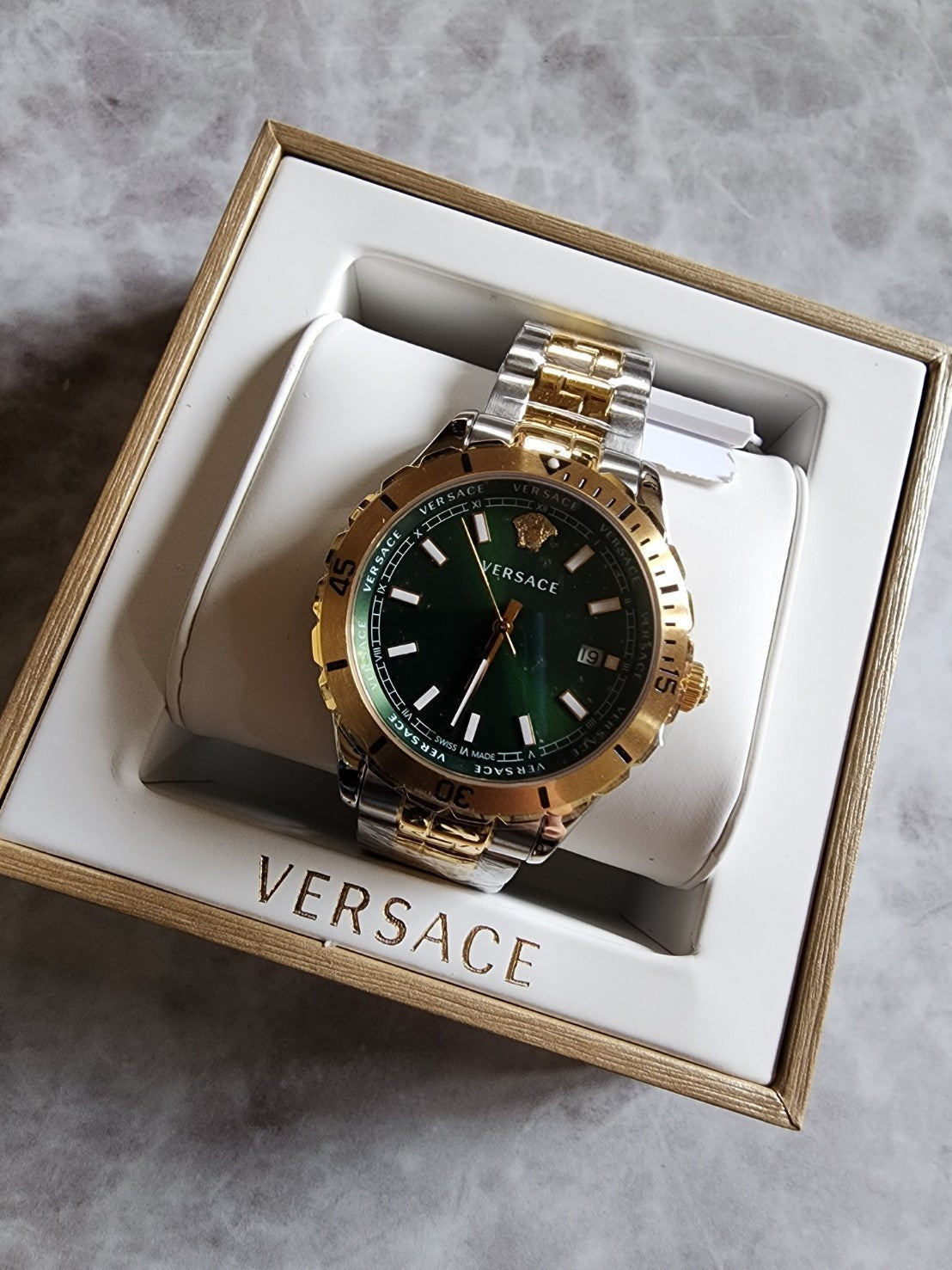 Versace Hellenyium Quartz Green Dial Two Tone Steel Strap Watch For Men - VE3A00720