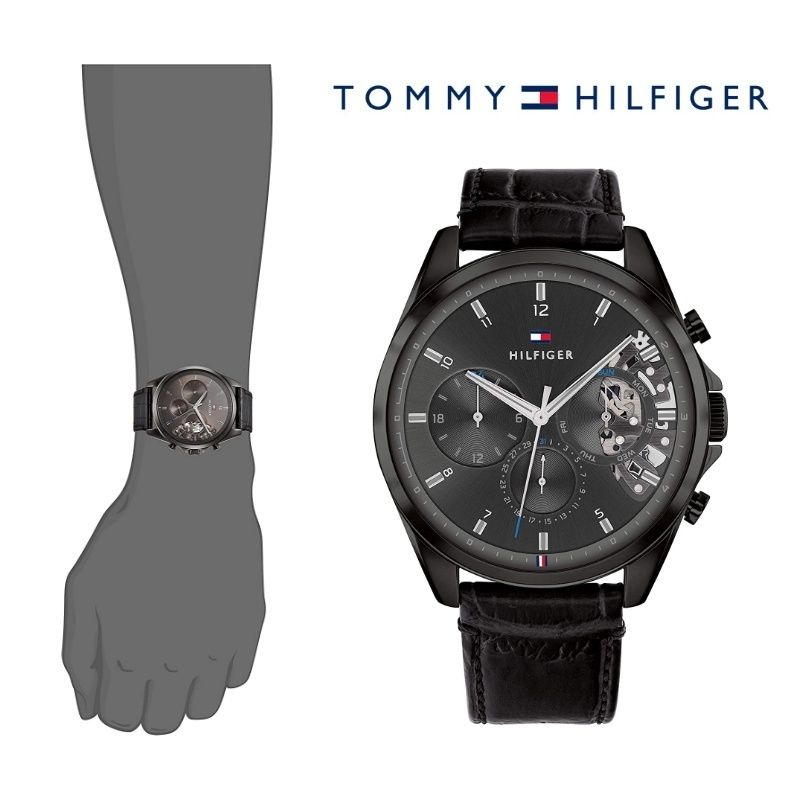 Tommy Hilfiger Baker Chronograph Black Dial Black Leather Strap Watch For Men  - 1710452