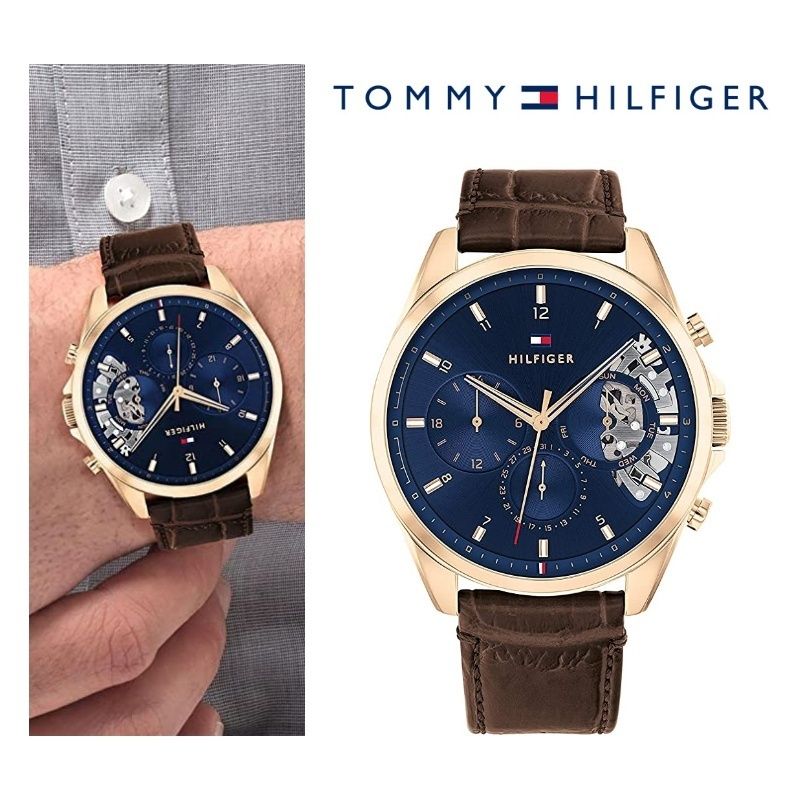 Tommy Hilfiger Baker Chronograph Blue Dial Brown Leather Strap Watch For Men - 1710453