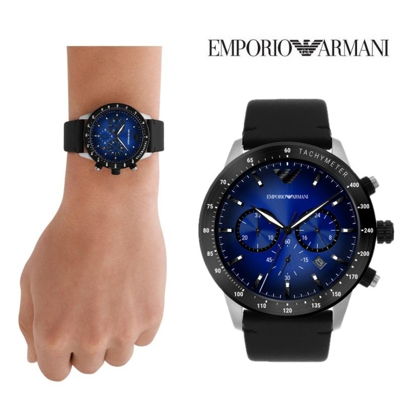 Emporio Armani Mario Chronograph Blue Dial Black Leather Strap Watch For Men - AR11522