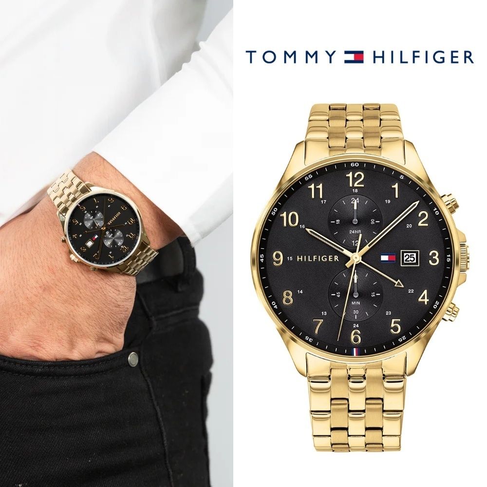 Tommy Hilfiger West Chronograph Quartz Black Dial Gold Steel Strap Watch For Men - 1791708