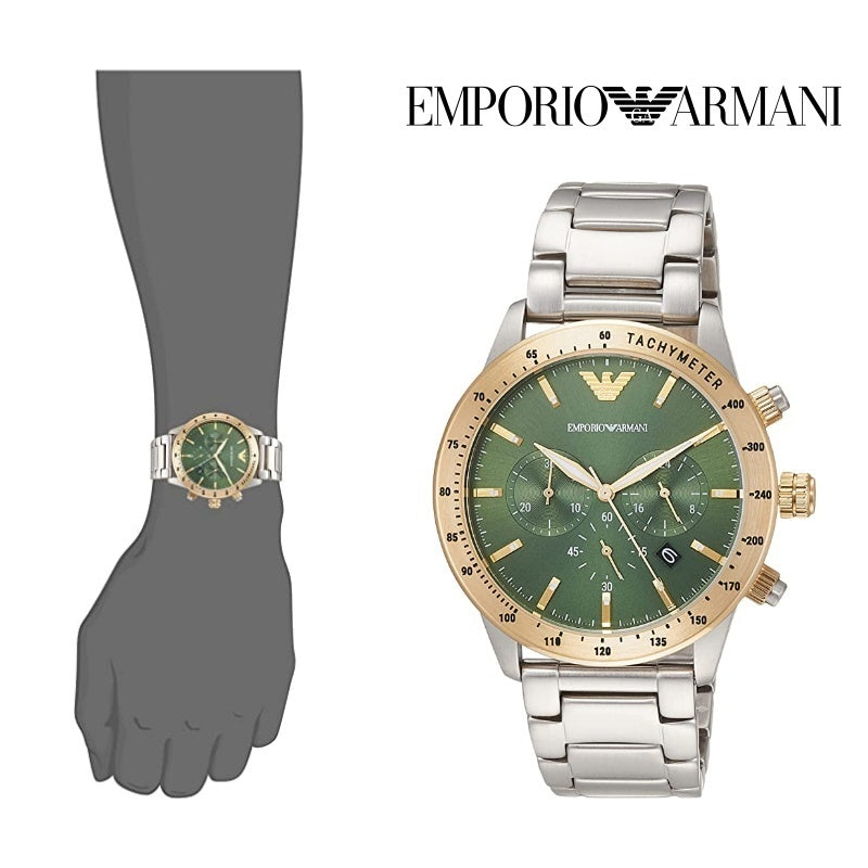 Emporio Armani Mario Chronograph Green Dial Silver Steel Strap Watch For Men - AR11454