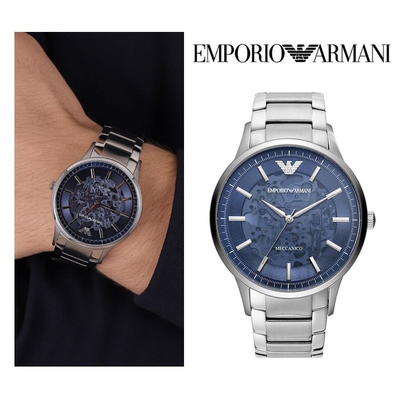 Emporio Armani Renato Automatic Blue Dial Silver Steel Strap Watch For Men - AR60037