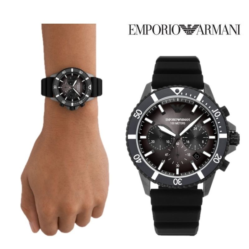 Emporio Armani Diver Chronograph Black Dial Black Silicon Strap Watch For Men - AR11515