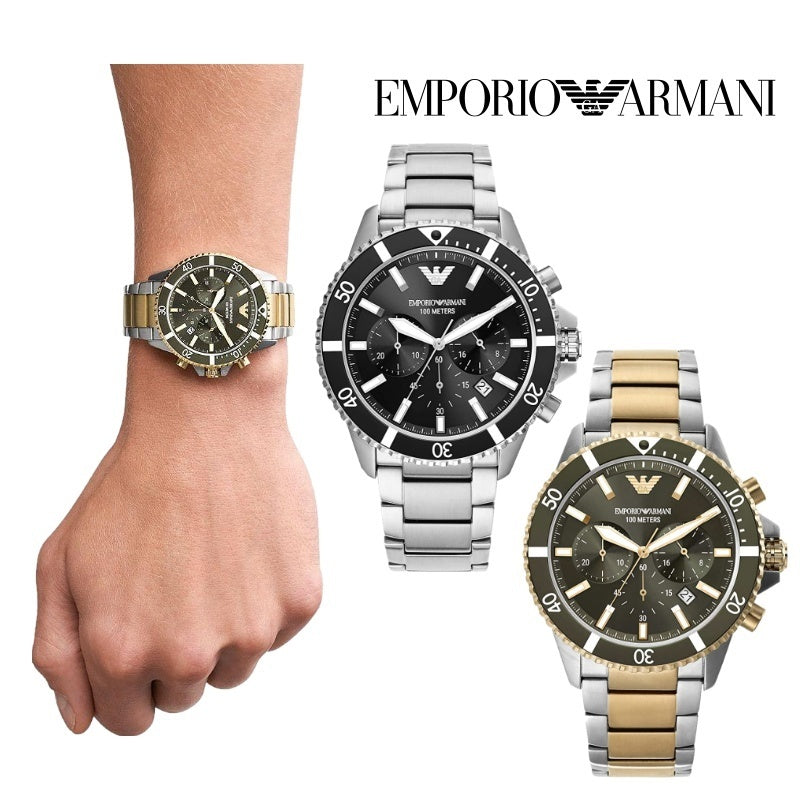 Emporio Armani Diver Chronograph Green Dial Two Tone Steel Strap Watch For Men - AR11361