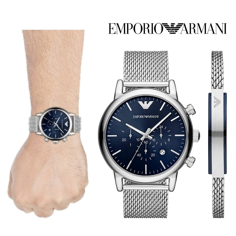 Emporio Armani Luigi Chronograph Blue Dial Silver Mesh Bracelet Watch For Men - AR80038