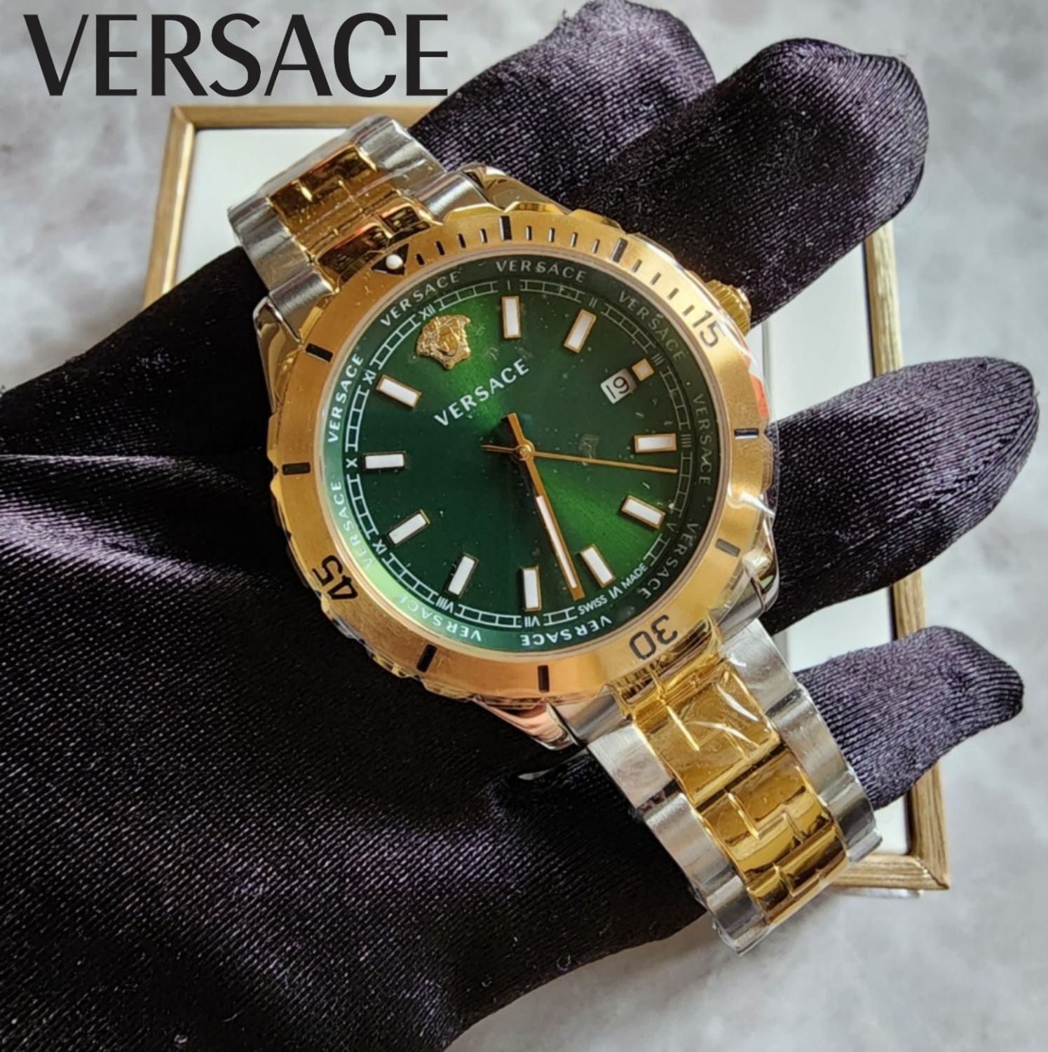 Versace Hellenyium Quartz Green Dial Two Tone Steel Strap Watch For Men - VE3A00720