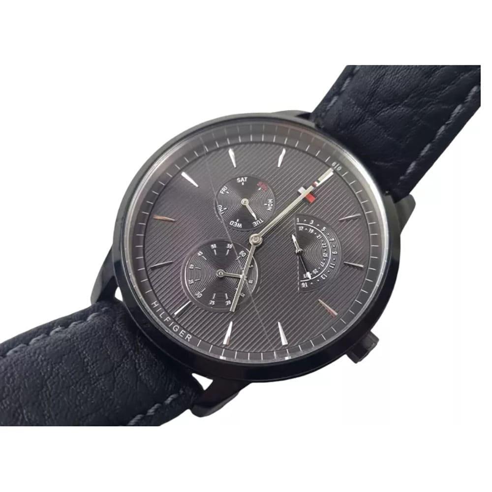 Tommy Hilfiger Brad Chronograph Quartz Grey Dial Grey Leather Strap Watch For Men - 1710388