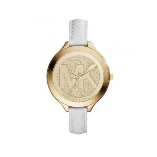 Michael Kors Slim Runway Quartz Gold Dial White Leather Strap Watch For Women - MK2389