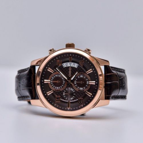 Guess Exec Chronograph Brown Dial Brown Leather Strap Watch For Men - W0076G4