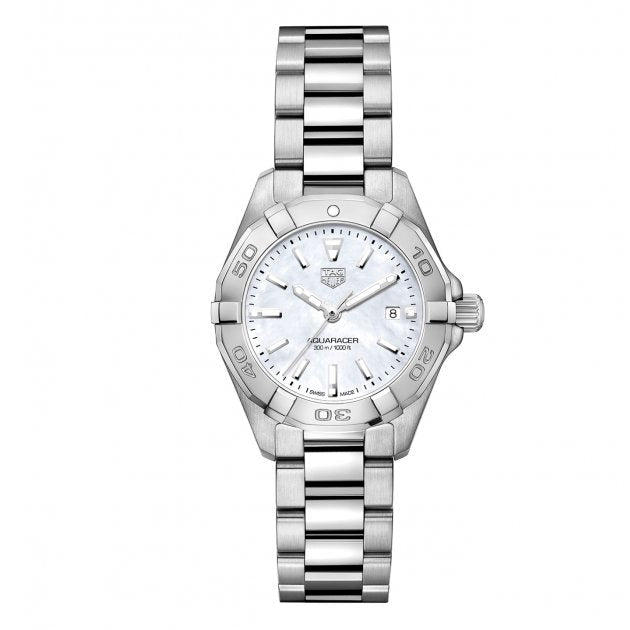 Tag Heuer Aquaracer Quartz Mother of Pearl White Dial Silver Steel Strap Watch for Women - WBD1411.BA0741