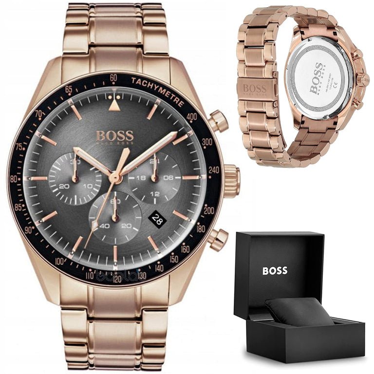 Hugo Boss Trophy Grey Dial Rose Gold Steel Strap Watch for Men - 1513632