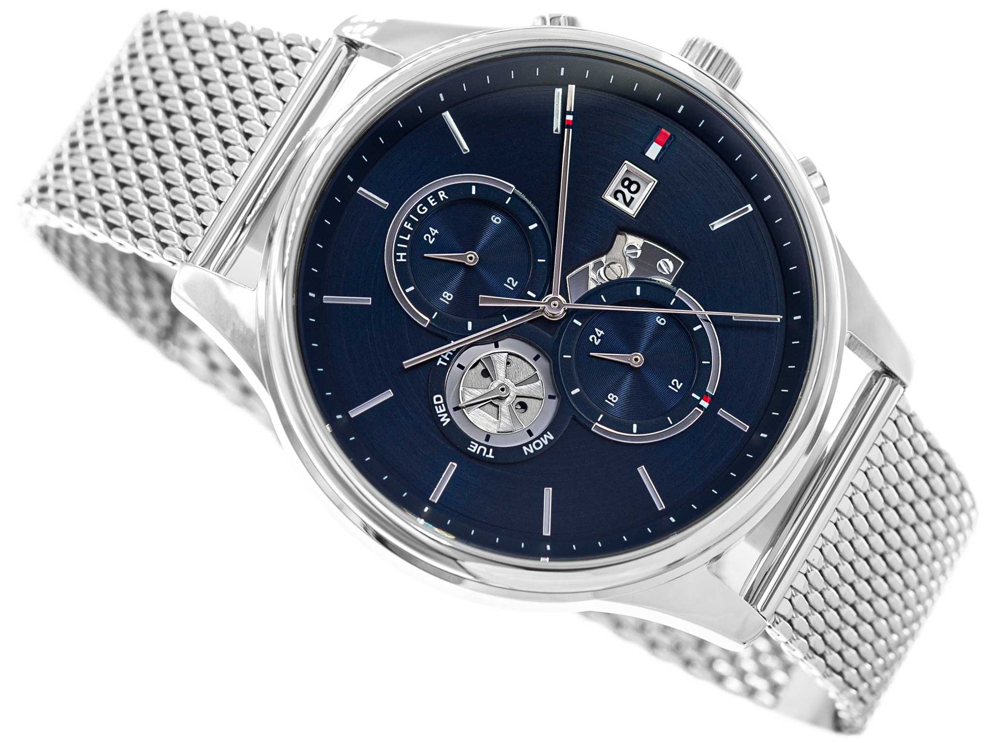 Tommy Hilfiger Weston Chronograph Blue Dial Silver Mesh Bracelet Watch For Men - 1710504