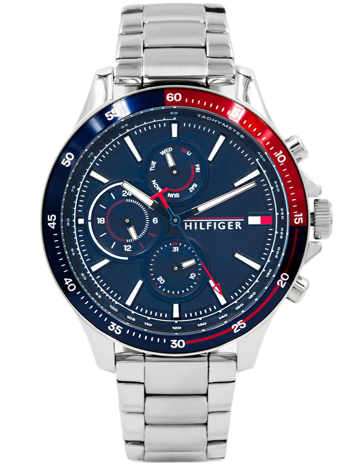 Tommy Hilfiger Bank Chronograph Blue Dial Silver Steel Strap Watch for Men - 1791718