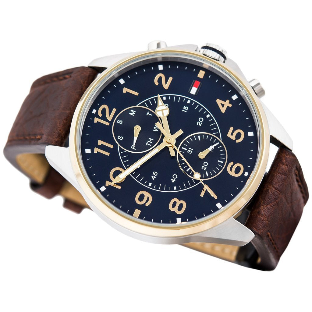 Tommy Hilfiger Dean Multifunctional Blue Dial Brown Leather Strap Watch for Men - 1791275