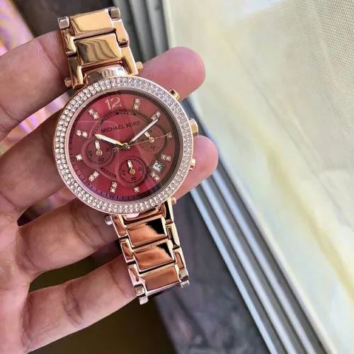 Michael Kors Parker Chronograph Red Dial Rose Gold Steel Strap Watch For Women - MK6106