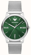 Emporio Armani Minimalist Quartz Green Dial Silver Mesh Bracelet Watch For Men - AR11578