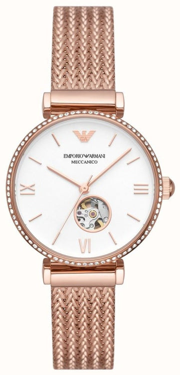 Emporio Armani Meccanico Automatic White Dial Rose Gold Mesh Strap Watch For Women - AR60063