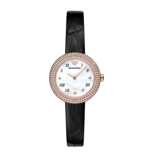 Emporio Armani Rosa Quartz Mother Of Pearl White Dial Black Leather Strap Watch For Women - AR11356