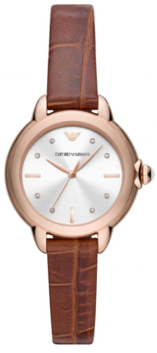 Emporio Armani Mia Quartz Silver Dial Brown Leather Strap Watch For Women - AR11525