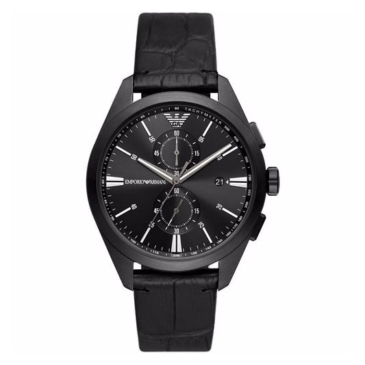 Emporio Armani Claudio Chronograph Black Dial Black Leather Strap Watch For Men - AR11483