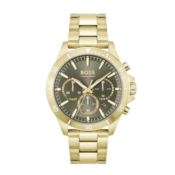 Hugo Boss Troper Chronograph Green Dial Gold Steel Strap Watch For Men - 1514059