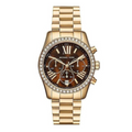 Michael Kors Lexington Chronograph Brown Dial Gold Steel Strap Watch For Women - MK7276