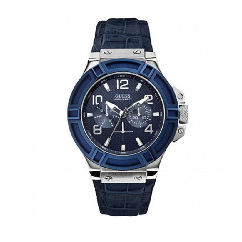 Guess Rigor Multifunction Chronograph Blue Dial Blue Leather Strap Watch For Men - W0040G7