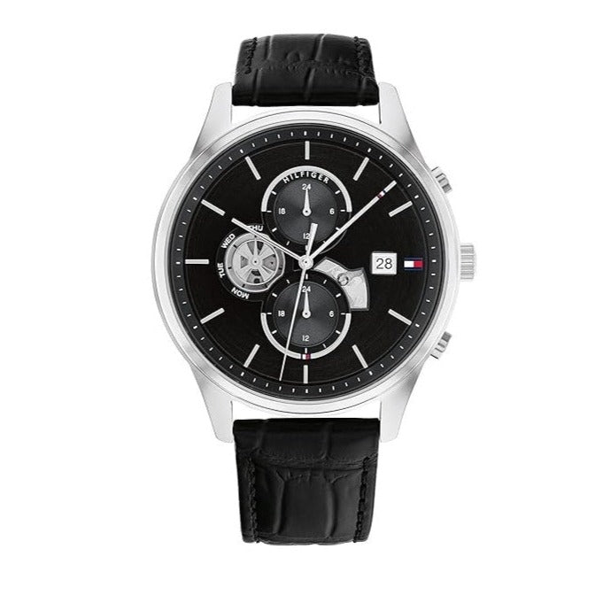 Tommy Hilfiger Weston Chronograph Black Dial Black Leather Strap Watch For Men - 1710502