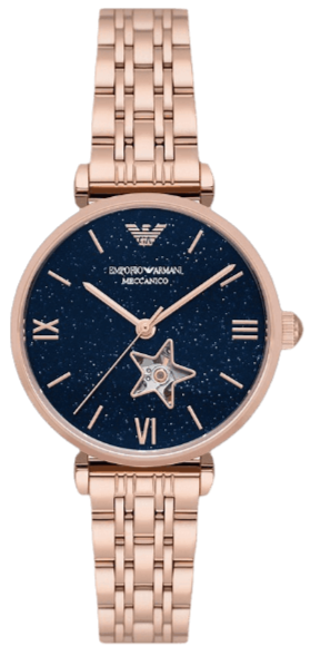 Emporio Armani Meccanico Crystals Black Dial Rose Gold Steel Strap Watch For Women - AR60043