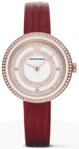 Emporio Armani Two-Hand Analog White Dial Red Leather Strap Watch For Women - AR11532