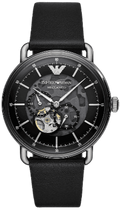 Emporio Armani Meccanico Skeleton Black Dial Black Leather Strap Watch For Men - AR60026