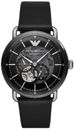 Emporio Armani Meccanico Skeleton Black Dial Black Leather Strap Watch For Men - AR60026