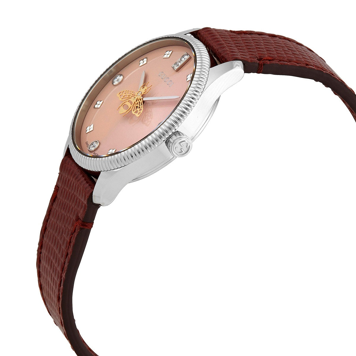 Gucci G Timeless Quartz Diamonds Pink Dial Red Leather Strap Watch For Women - YA1265017