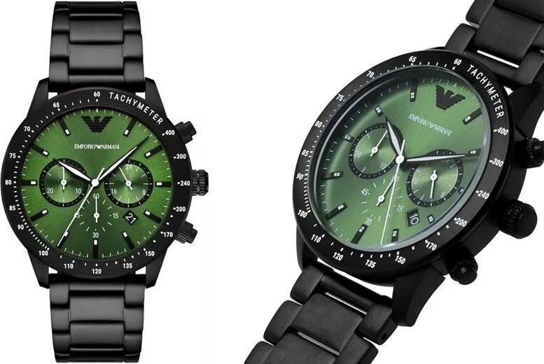 Emporio Armani Mario Chronograph Green Dial Black Steel Strap Watch For Men - AR11472