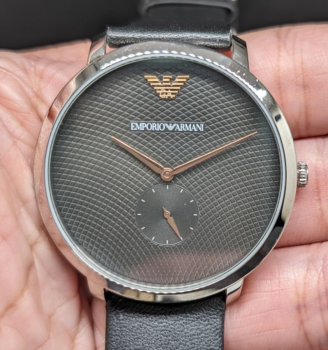 Emporio Armani Modern Slim Quartz Grey Dial Black Leather Strap Watch For Men - AR11162