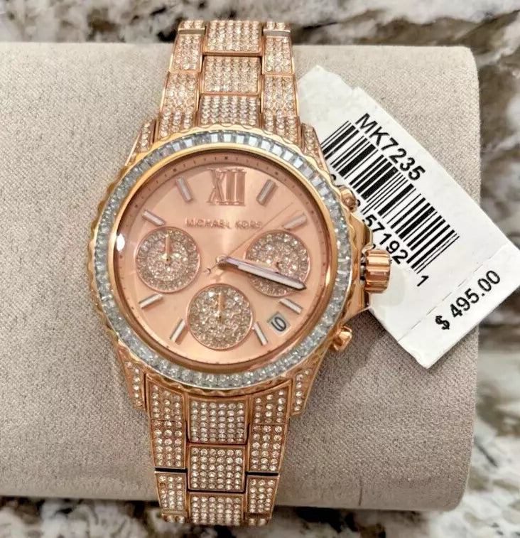 Michael Kors Everest Chronograph Crystals Rose Gold Dial Rose Gold Steel Strap Watch For Women - MK7235