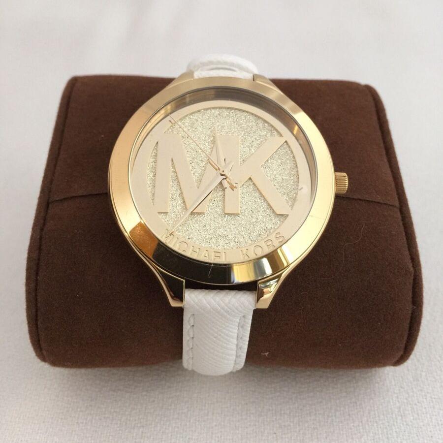 Michael Kors Slim Runway Quartz Gold Dial White Leather Strap Watch For Women - MK2389