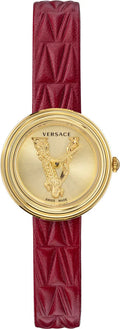 Versace Virtus Mini Quartz Gold Dial Red Leather Strap Watch For Women - VET300521