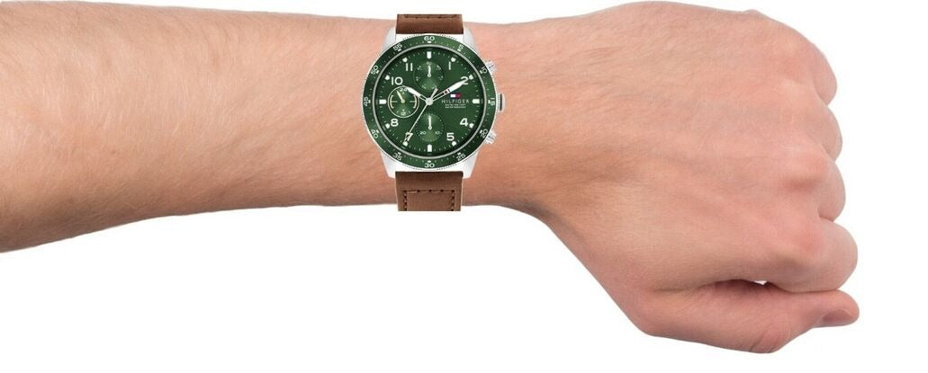 Tommy Hilfiger Jimmy Chronograph Green Dial Brown Leather Strap Watch For Men - 1791948