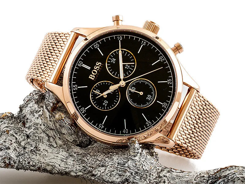 Hugo Boss Companion Chronograph Black Dial Rose Gold Steel Strap Watch For Men - 1513548