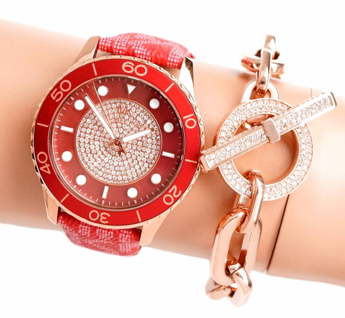 Michael Kors Runway Three-Hand Quartz Red Dial Red Leather Strap Watch For Women - MK7179