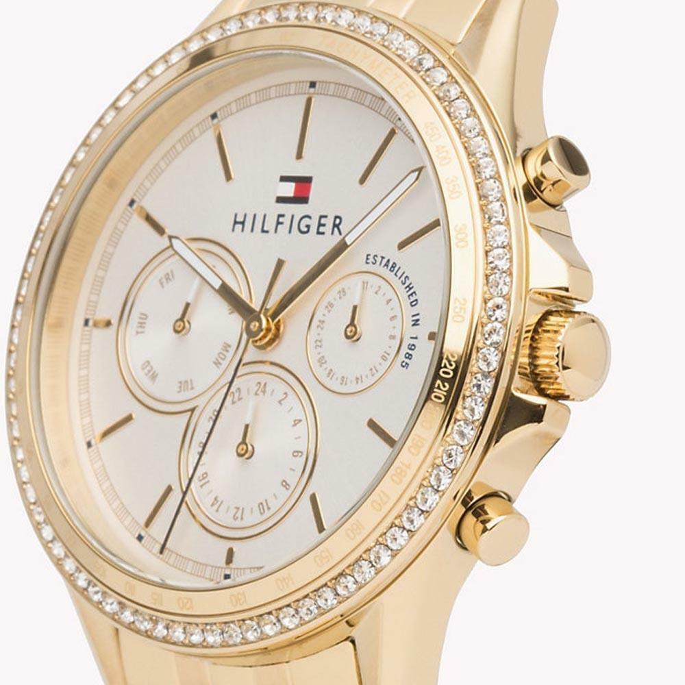 Tommy Hilfiger Ari Multifunction Diamonds Silver Dial Gold Steel Strap Watch for Women - 1781977